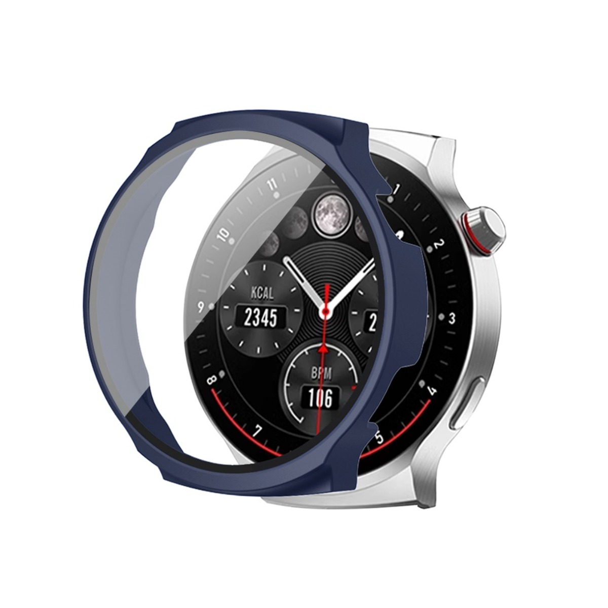 Silberne Smartwatch mit blauem Schutzrahmen, zeigt Kalorien und Herzfrequenz an.