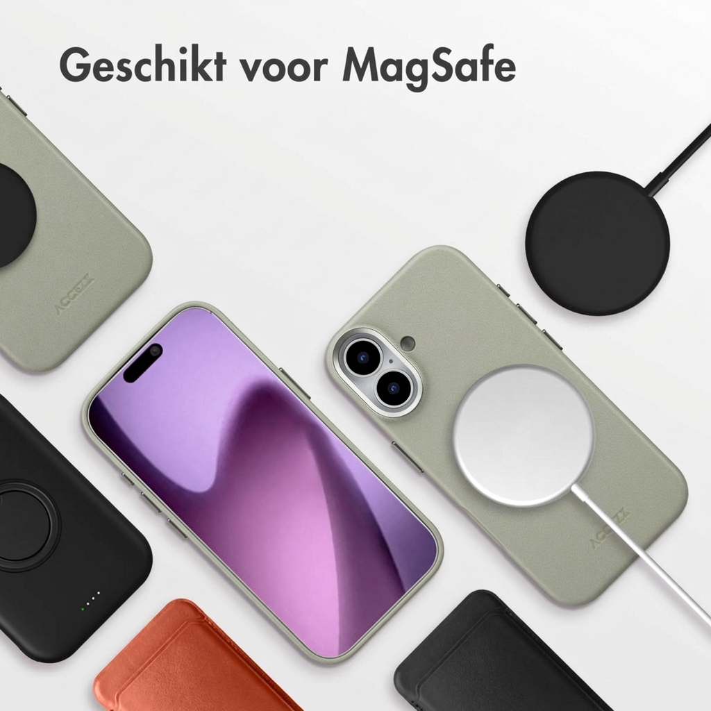 Meerdere telefoonhoesjes en MagSafe-laders op een witte achtergrond.
