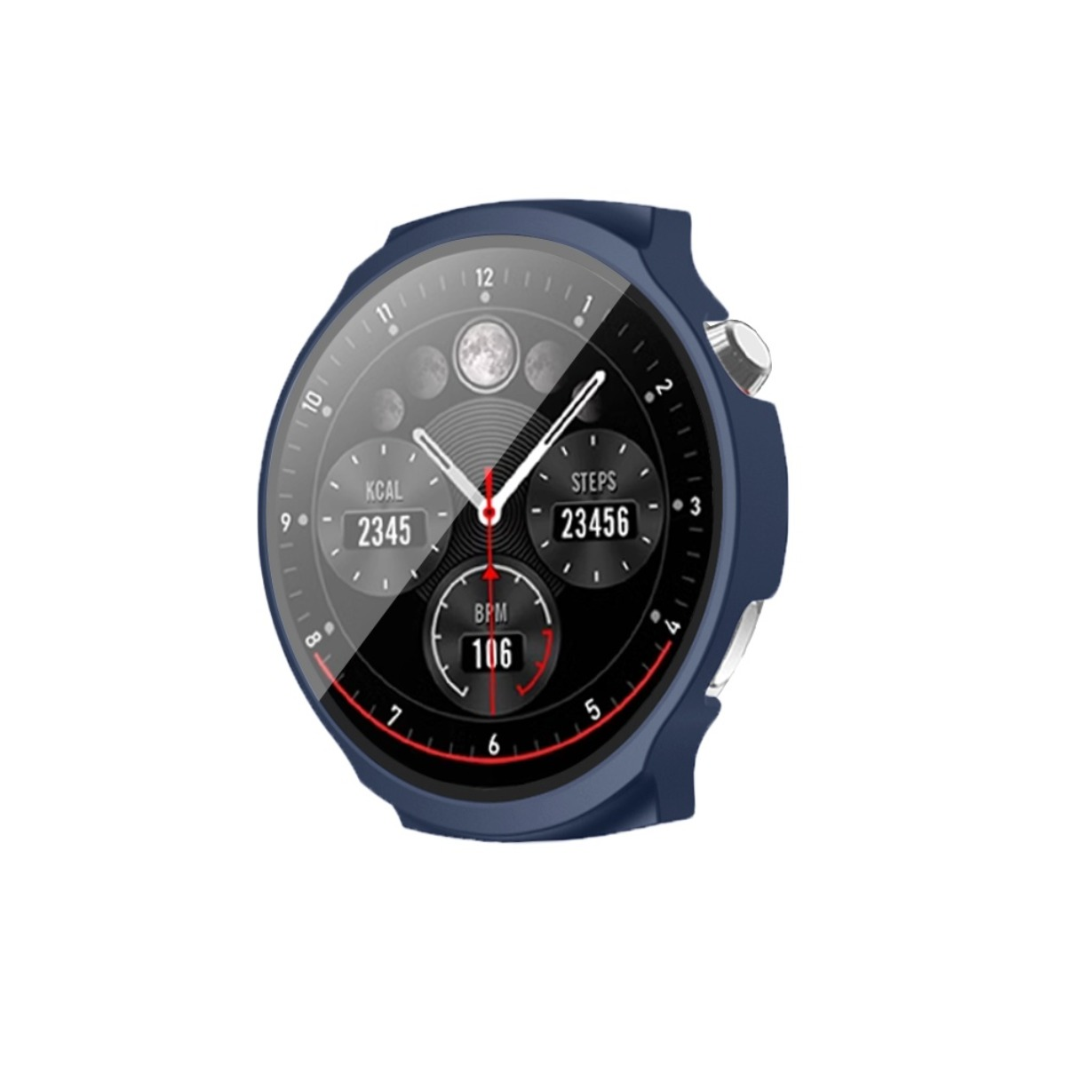 Eine blaue Smartwatch mit einem schwarzen Zifferblatt, das Kalorien, Schritte und Herzfrequenz anzeigt.