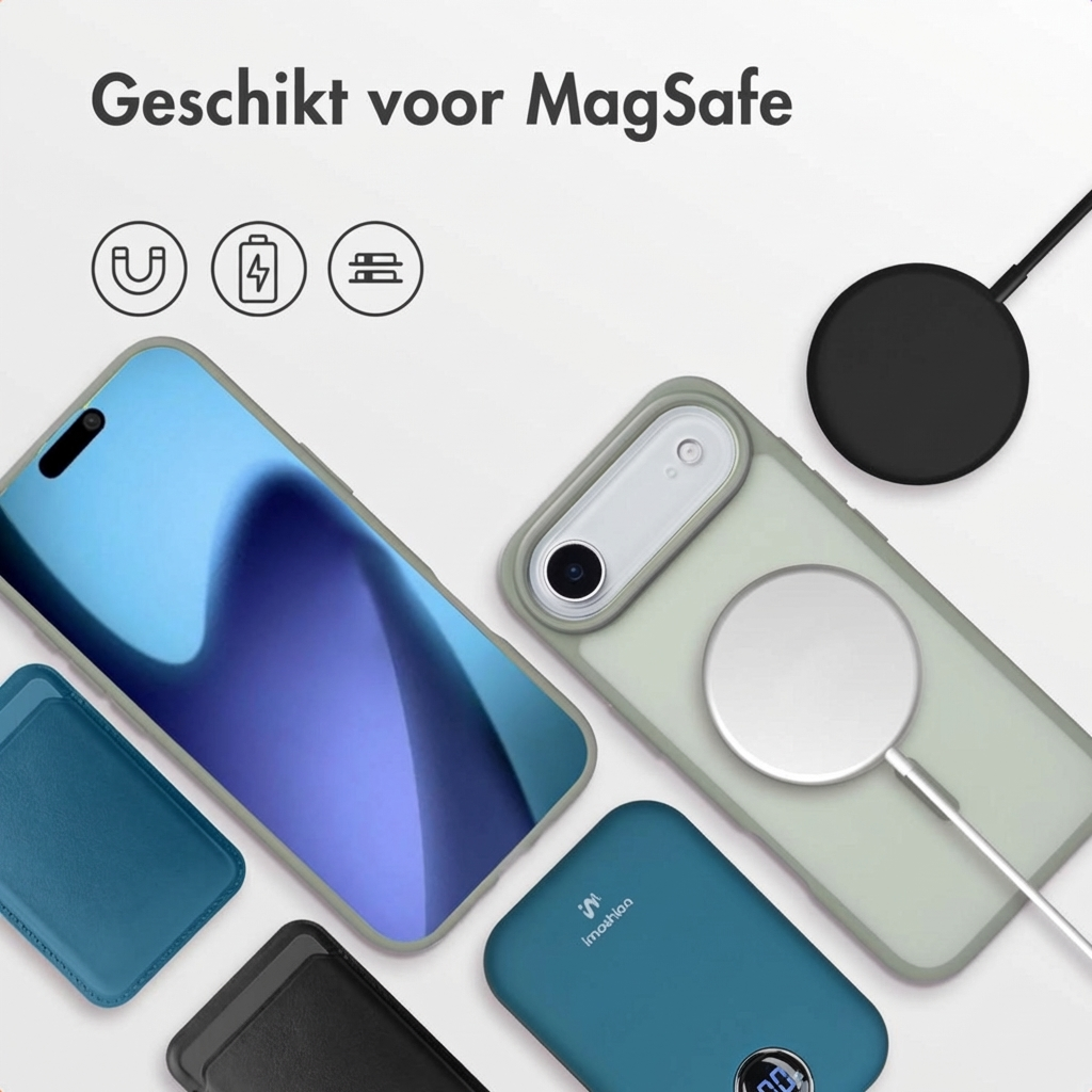 Een smartphone met MagSafe-accessoires, waaronder hoesje, powerbank en oplader.