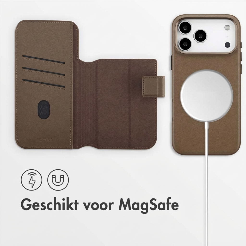 Bruine telefoonhoes en magnetische oplaadcirkel