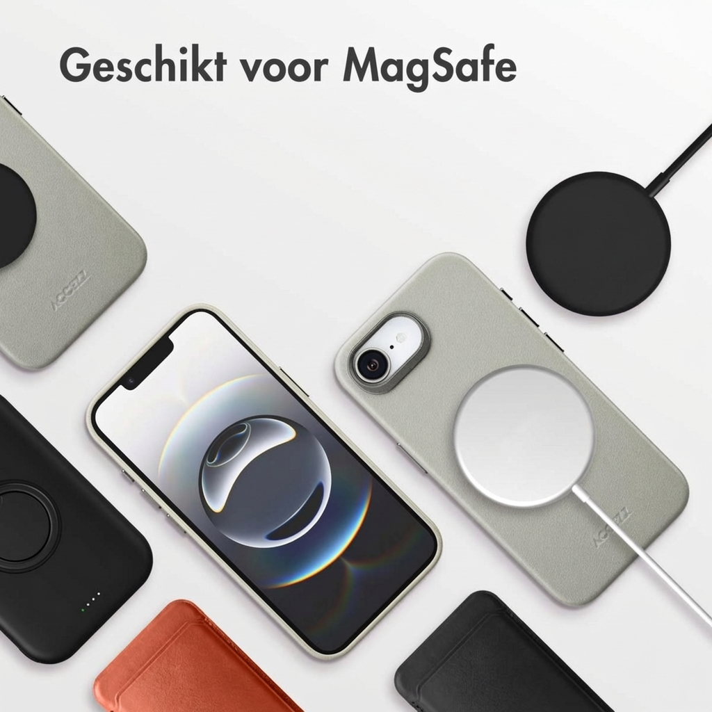 Plusieurs coques d'iPhone grises, noires et oranges disposées autour d'un iPhone.