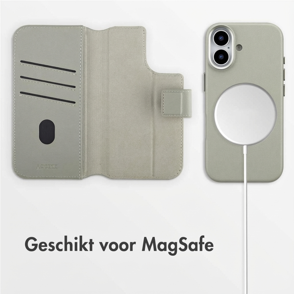 Een lichtgroene telefoonhoes en een bijpassende portemonnee liggen naast elkaar.