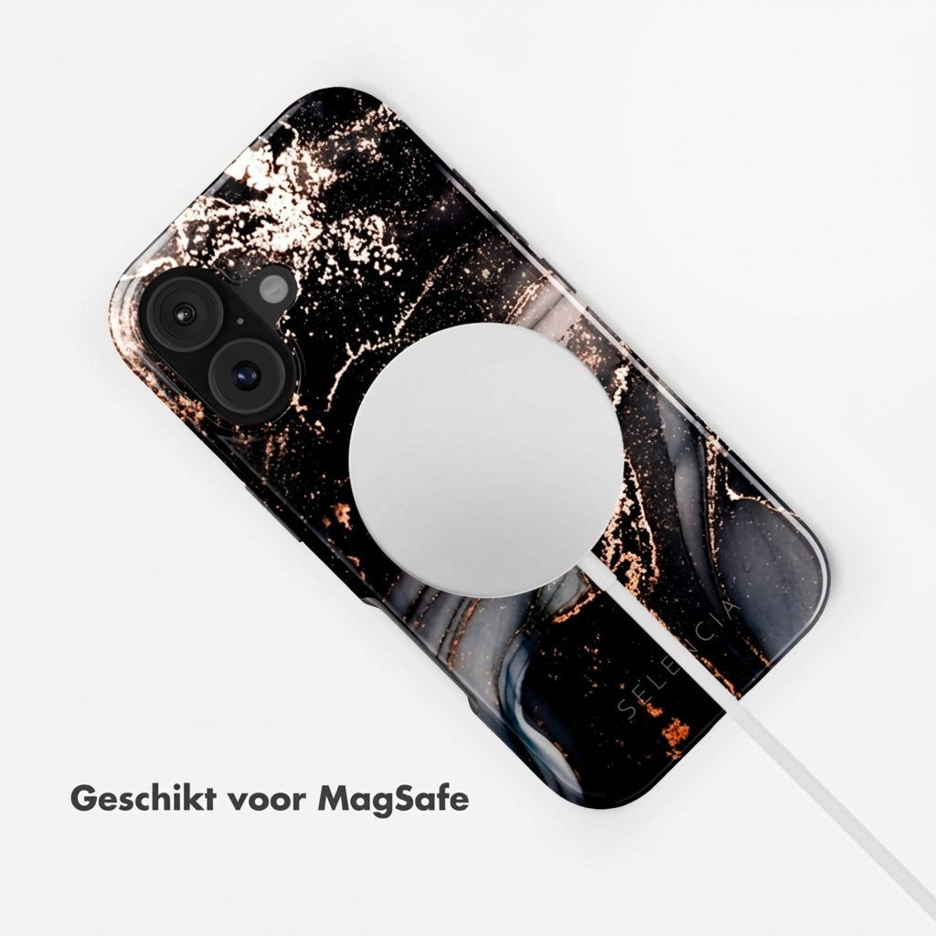 Zwarte marmeren telefoonhoes met MagSafe lader.