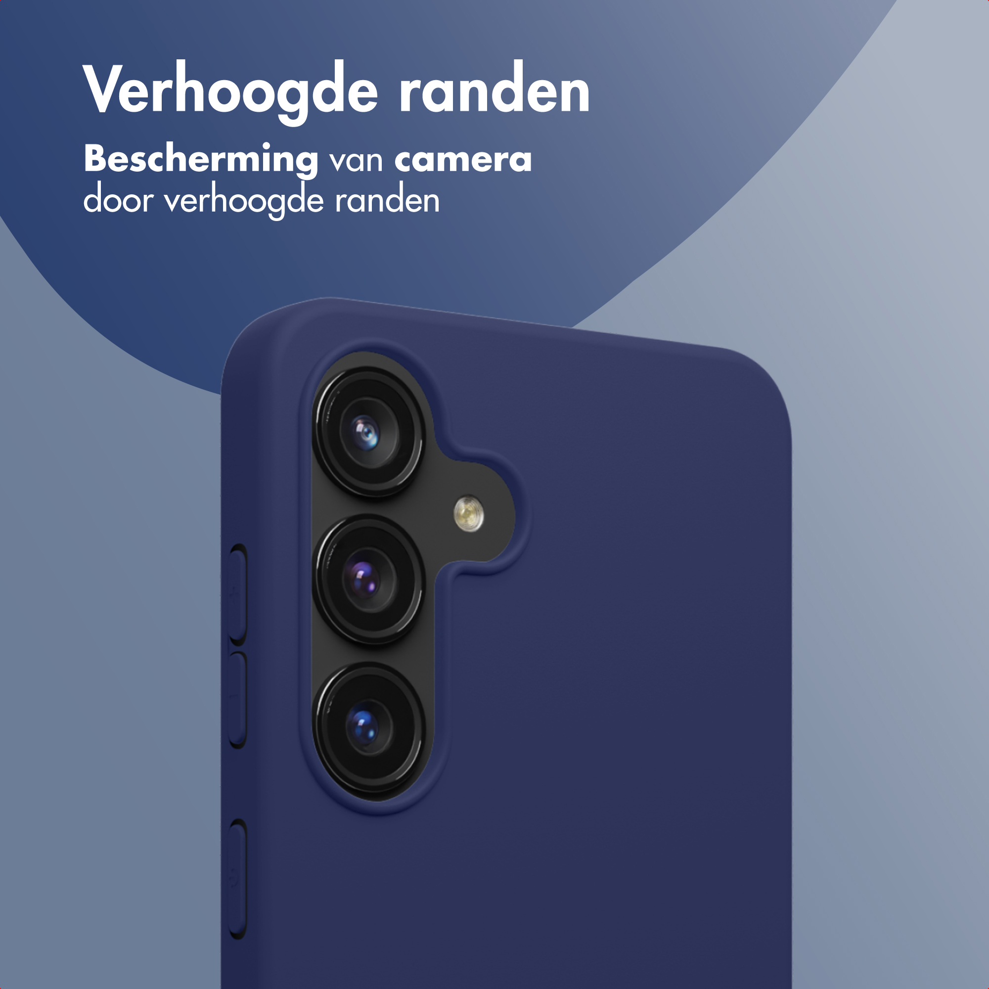 Coque de téléphone bleu foncé avec triple objectif et flash.
