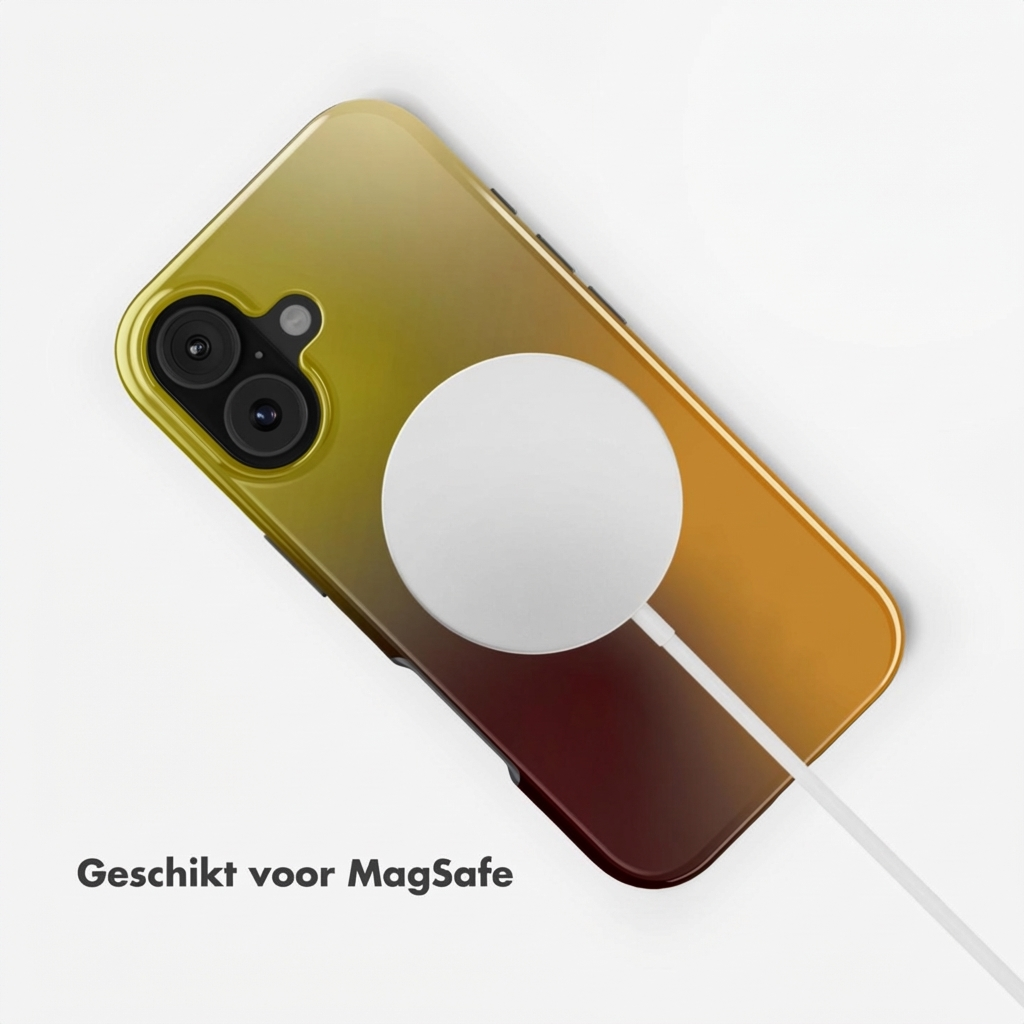 Een smartphone met MagSafe-oplader, met een kleurovergang van geel naar rood.