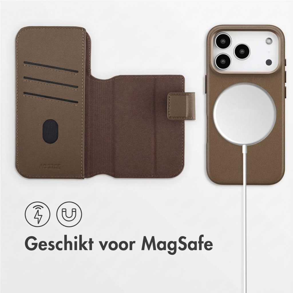 Bruine iPhone case met MagSafe oplader en kaartsleuven.