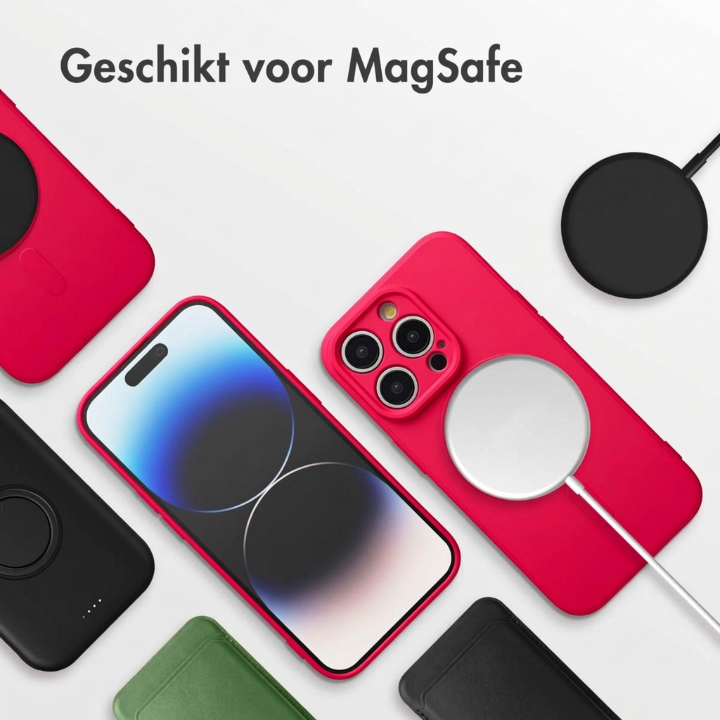 Rode en zwarte iPhone-hoesjes met MagSafe-oplader en telefoon op witte achtergrond.