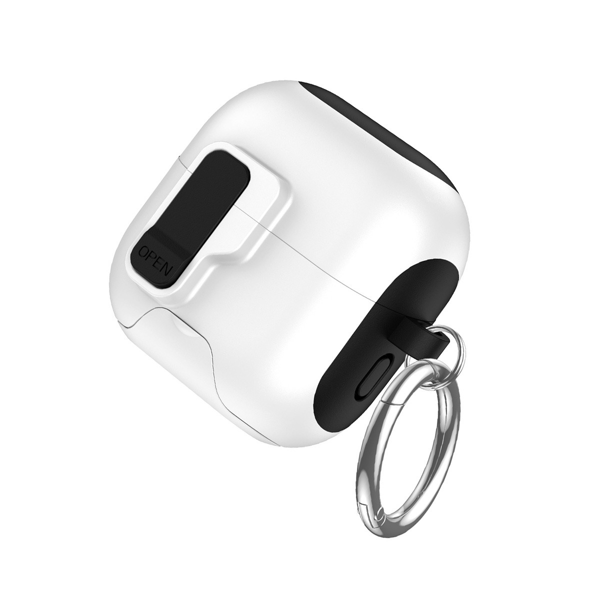 Ein weißes und schwarzes Airpod-Etui mit einem Schlüsselring und der Aufschrift „OPEN“.