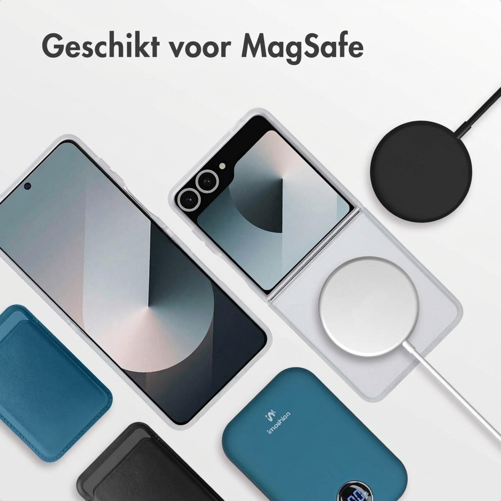 Deux smartphones, une banque d'alimentation et un chargeur MagSafe sur fond clair.