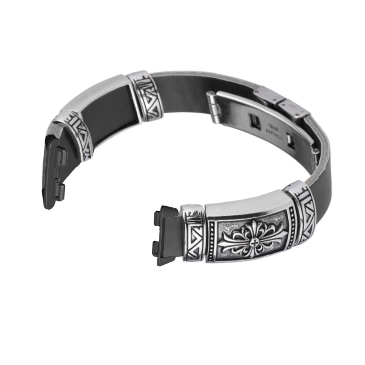 Ein schwarzes Lederarmband mit silbernen Verzierungen und einem Kreuzmuster.