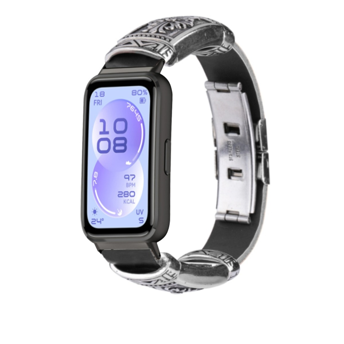 Eine Smartwatch mit schwarzem Bildschirm, die Zeit, Datum und Gesundheitsdaten anzeigt. Sie hat ein silbernes Band.