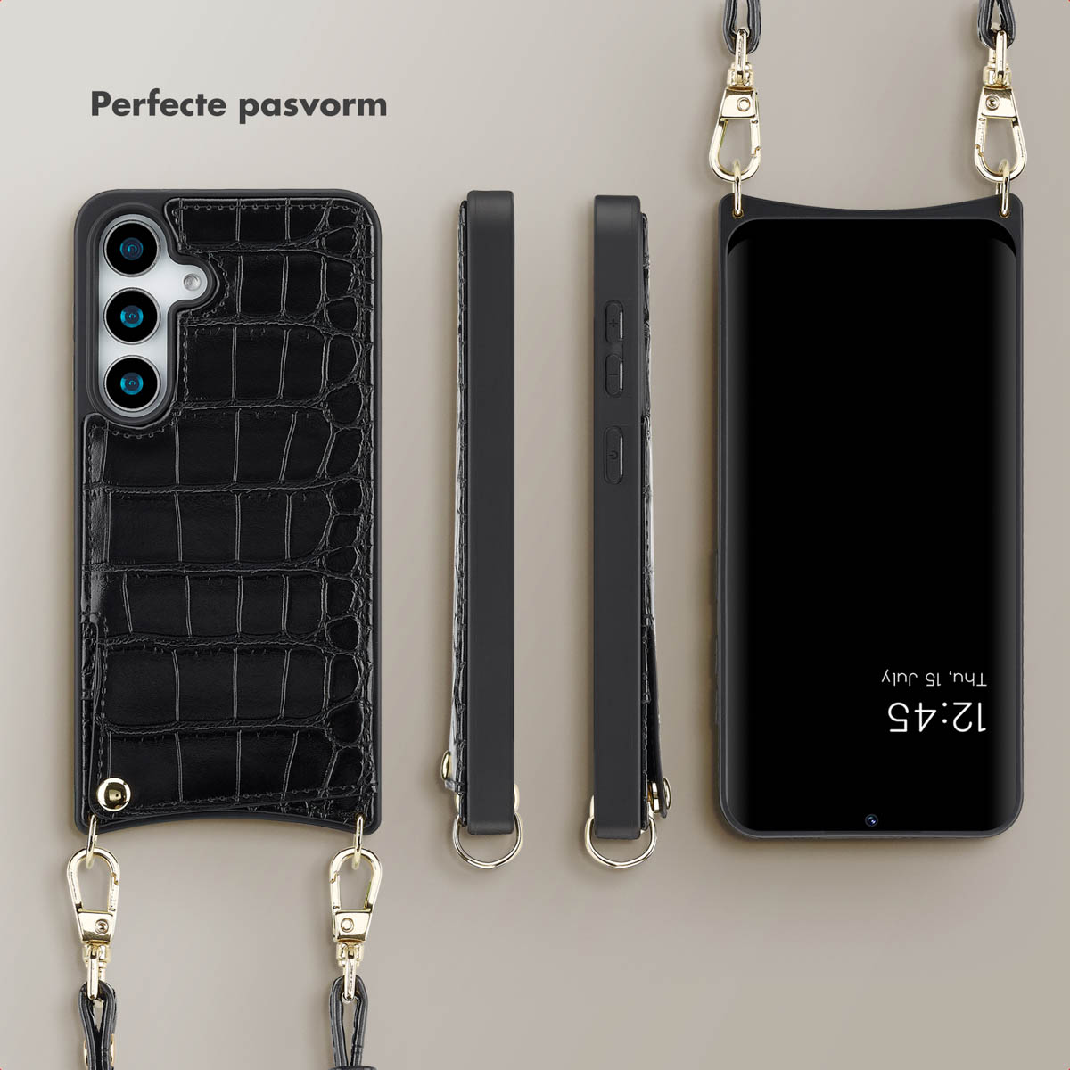 Coque de téléphone noire crocodile avec sangle et téléphone.