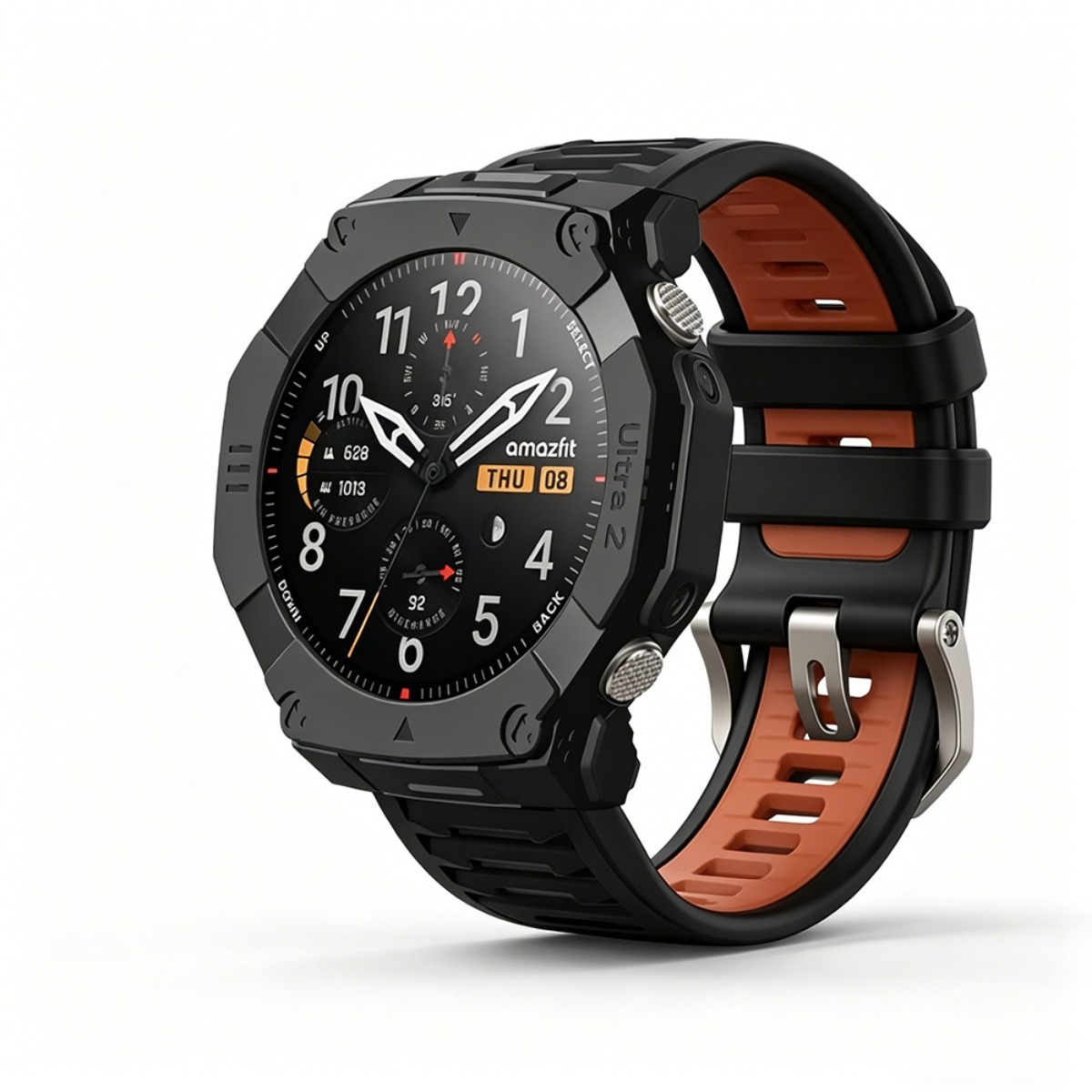 Smartwatch nero con cinturino arancione e display digitale.