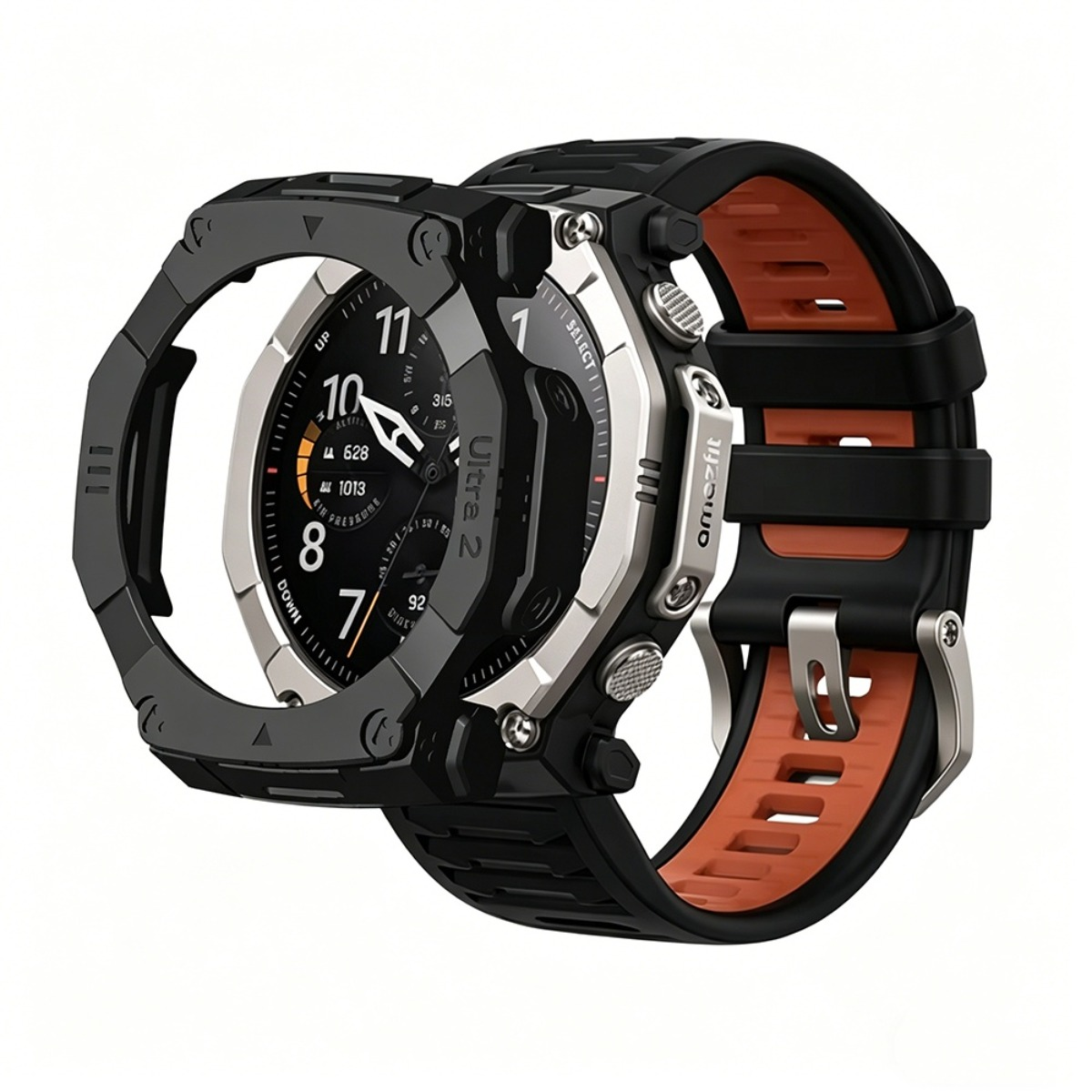 Uno smartwatch robusto con cinturino nero e arancione, pulsanti argentati e display digitale.