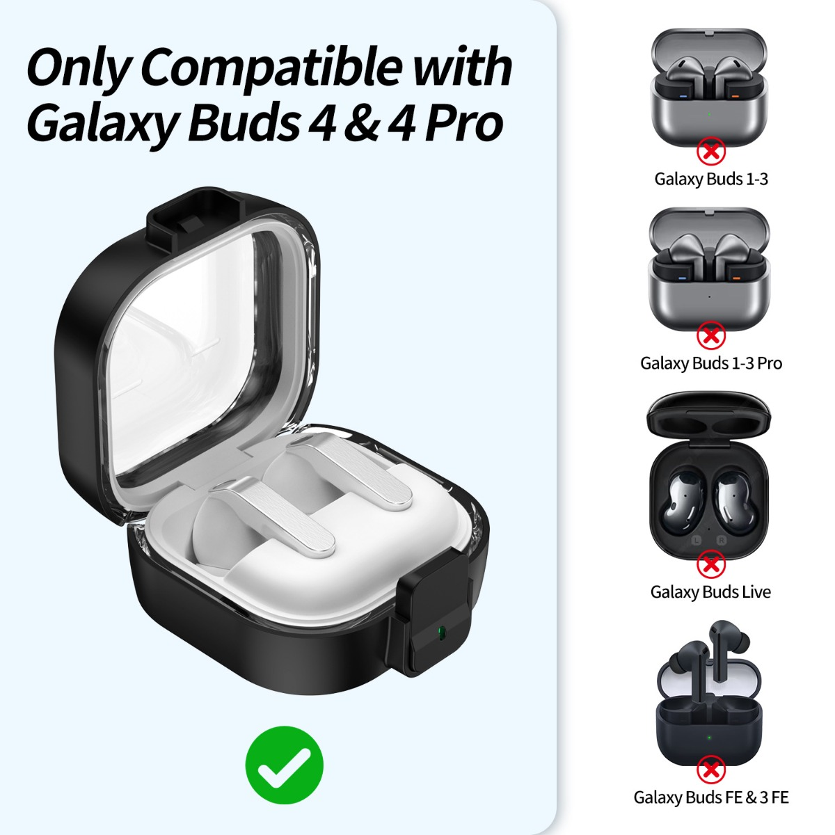 Schwarzes Etui für Galaxy Buds 4 & 4 Pro mit weißem Einsatz.