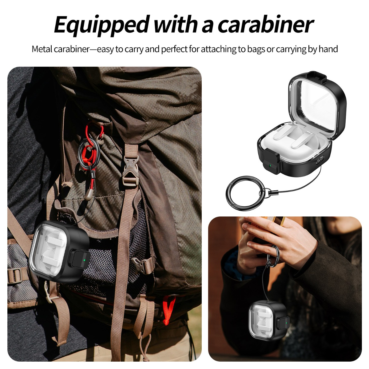 Ein schwarzes Etui mit Kopfhörern und Karabiner ist an einem Rucksack befestigt.