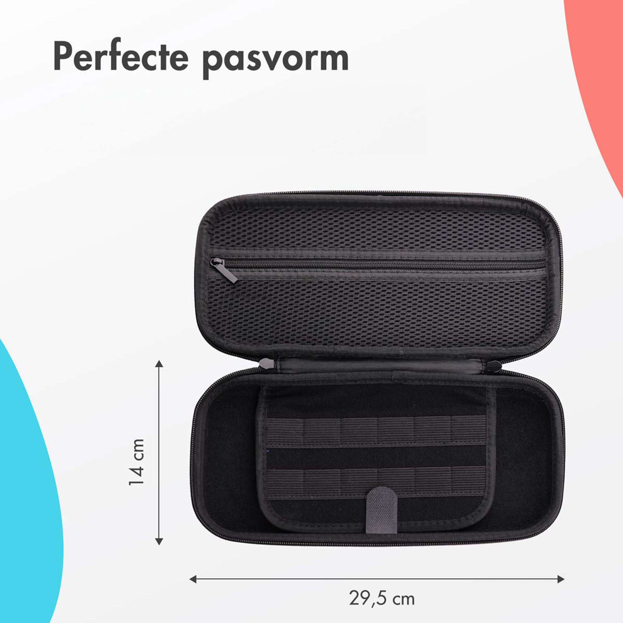 Black zippered case, 29.5x14 cm, with internal compartments.
