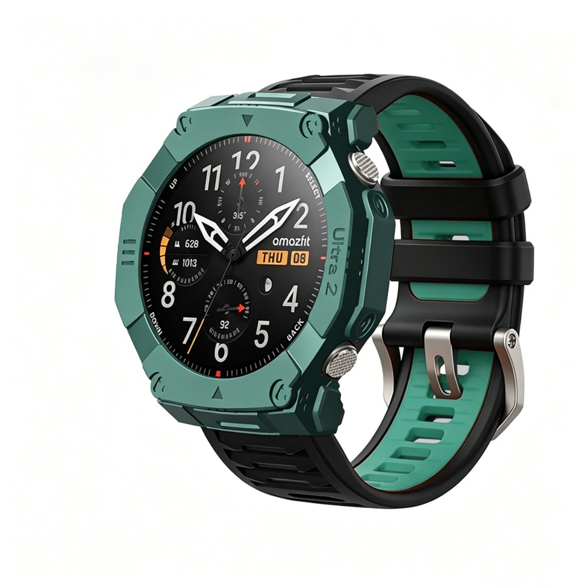 Grüne Amazfit Ultra 2 Smartwatch mit schwarzem und grünem Armband. Digitalanzeige zeigt Uhrzeit.