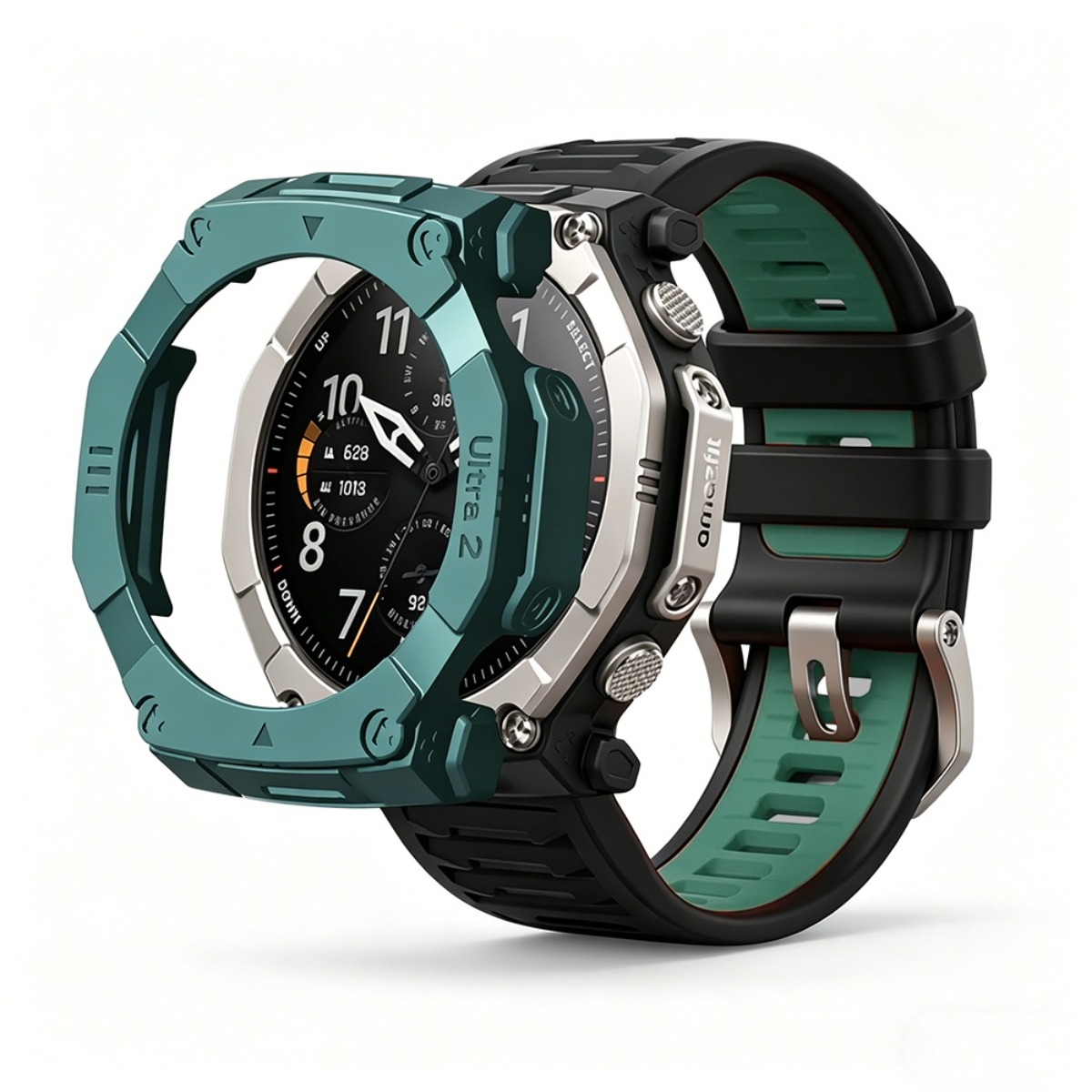 Eine türkise Schutzhülle umgibt eine Smartwatch mit schwarzem und grünem Armband.