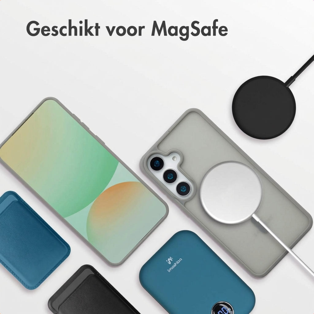 Een smartphone met MagSafe-oplader, hoesjes en powerbank.