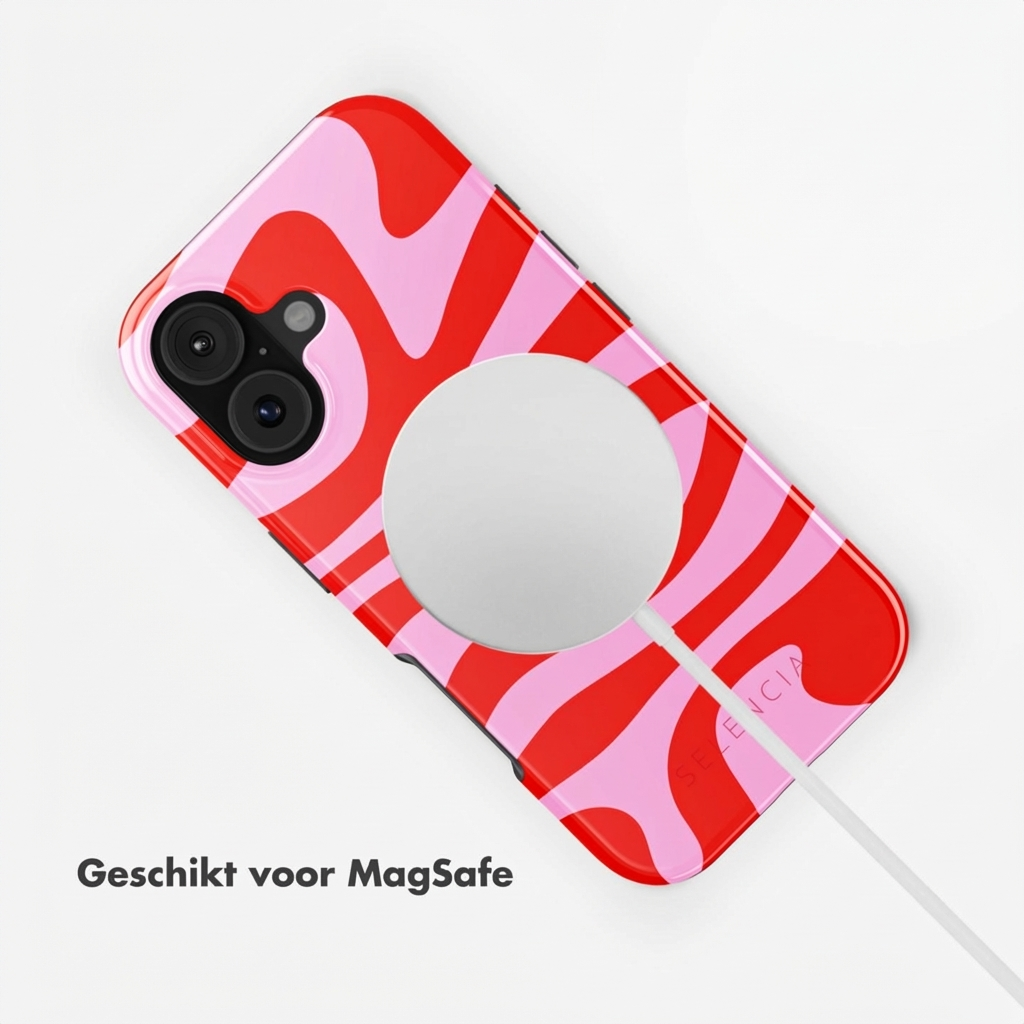 Rood en roze telefoonhoesje met wervelend patroon, MagSafe compatibel.