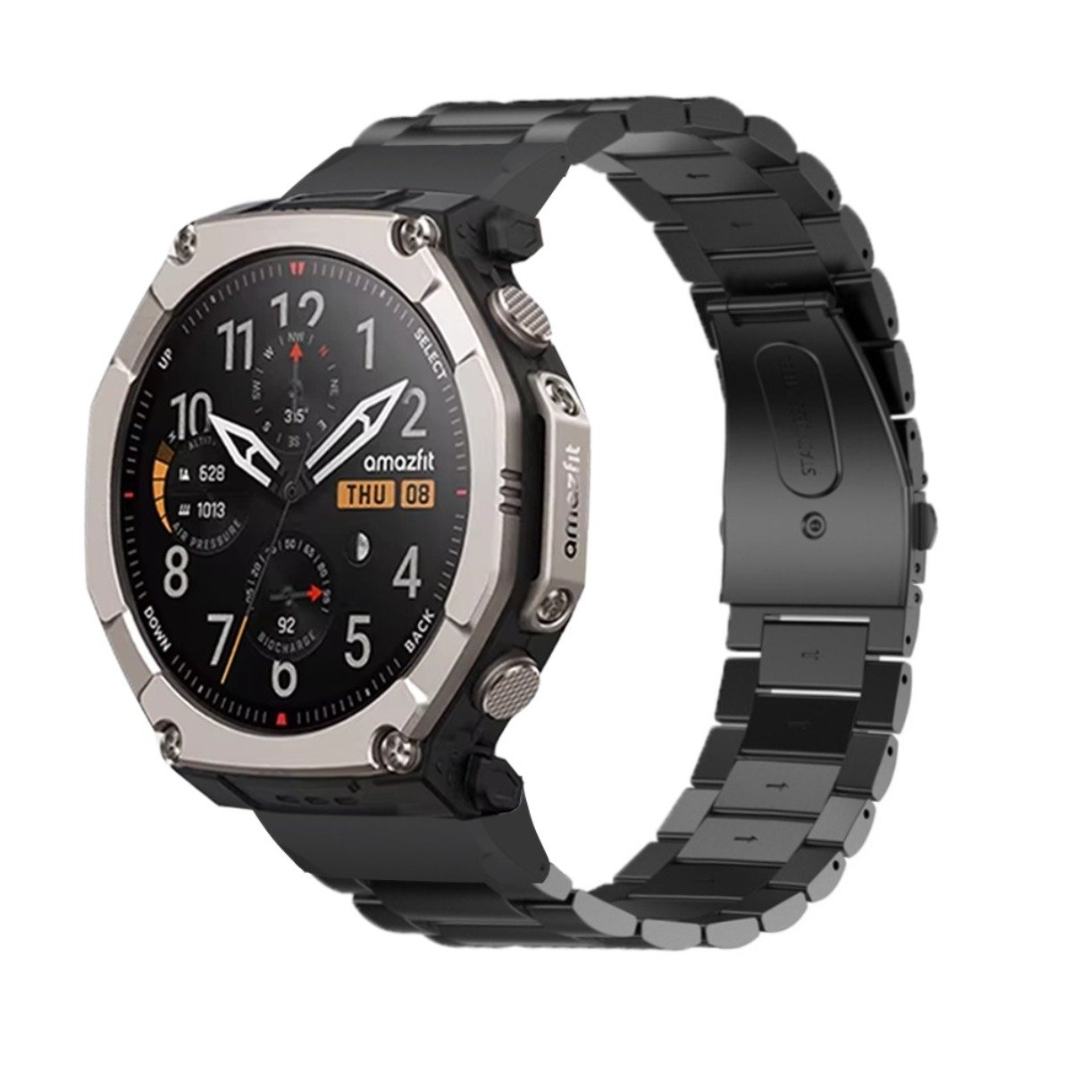 Eine schwarze Smartwatch mit silbernem Rahmen und Metallarmband. Das Zifferblatt zeigt die Uhrzeit.