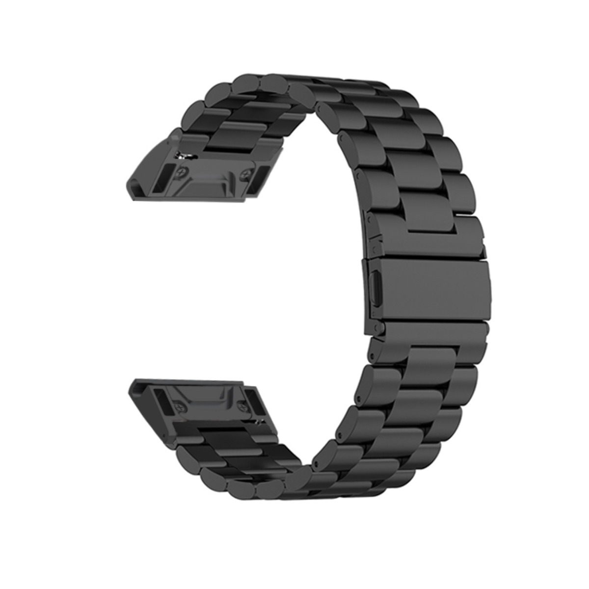 Schwarzes Metalluhrenarmband mit Gliedern und Schnellverschlüssen.