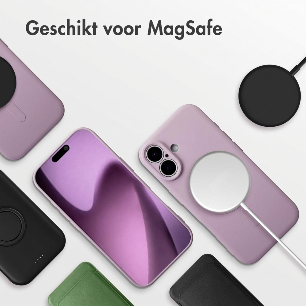 Paarse telefoonhoesjes en een paarse telefoon met MagSafe lader op wit.