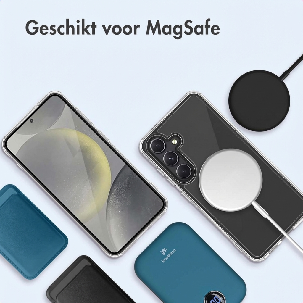 Uno smartphone con custodia e caricabatterie MagSafe, accanto un power bank e porta carte.
