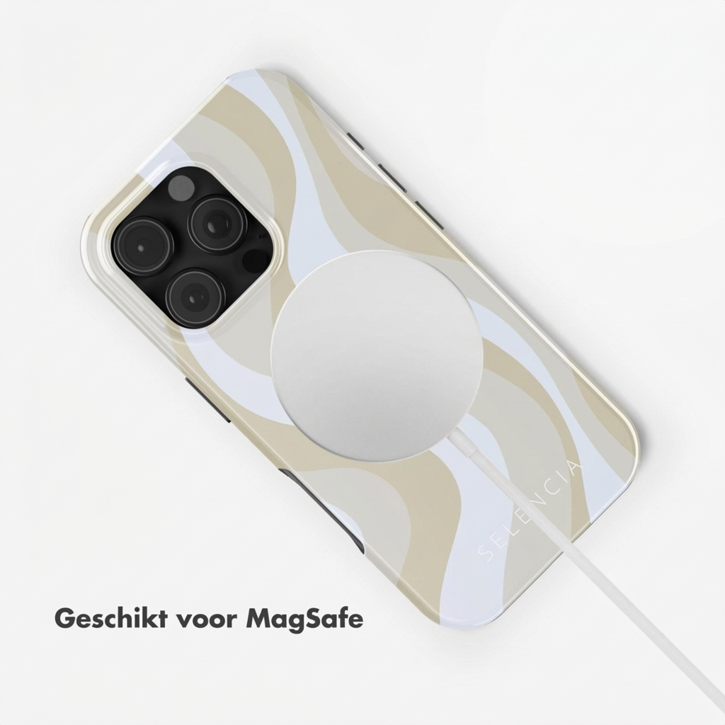 iPhone met MagSafe lader en hoes met golvend patroon in beige en blauw.