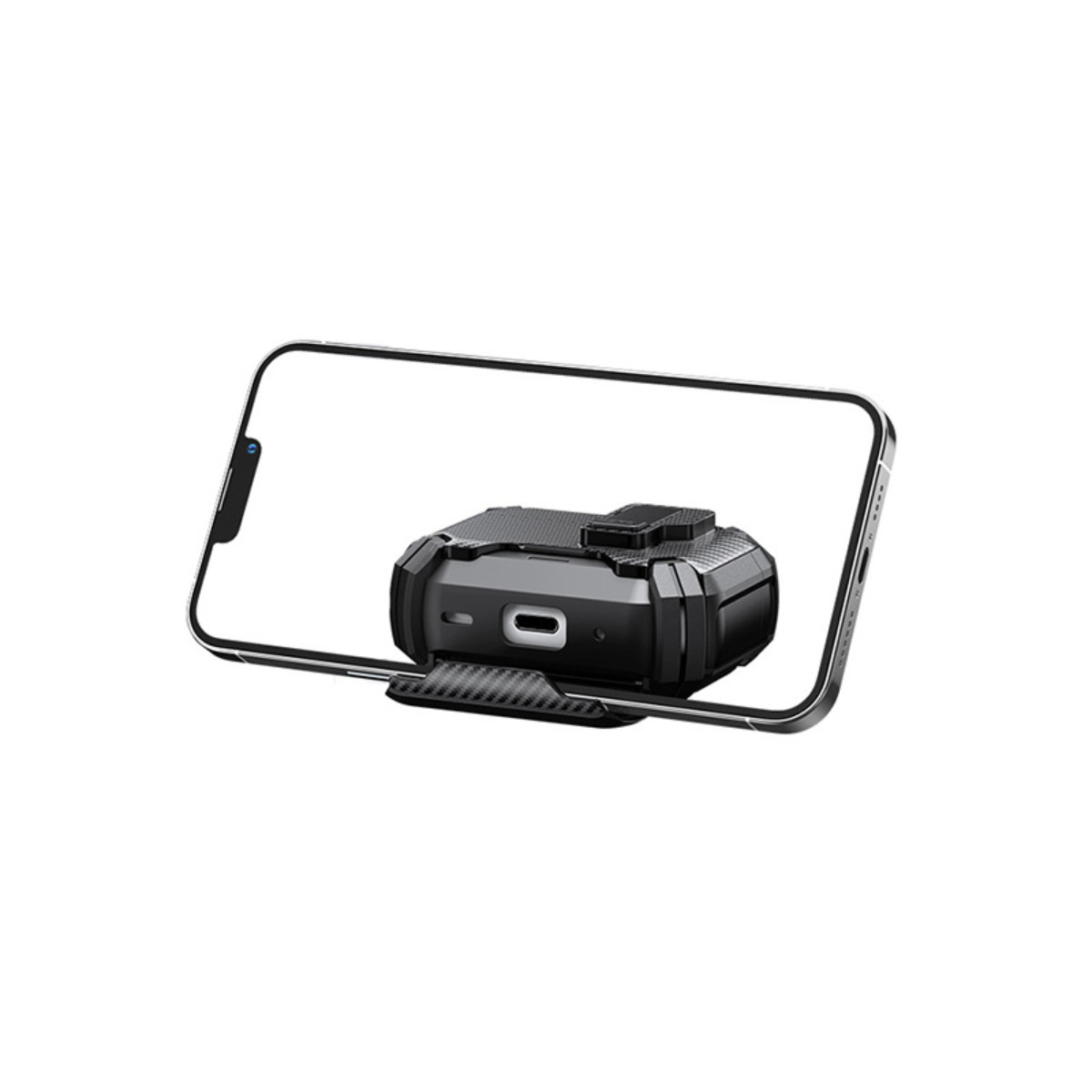 Ein schwarzes Smartphone mit einem robusten Gehäuse im Querformat auf weißem Hintergrund.