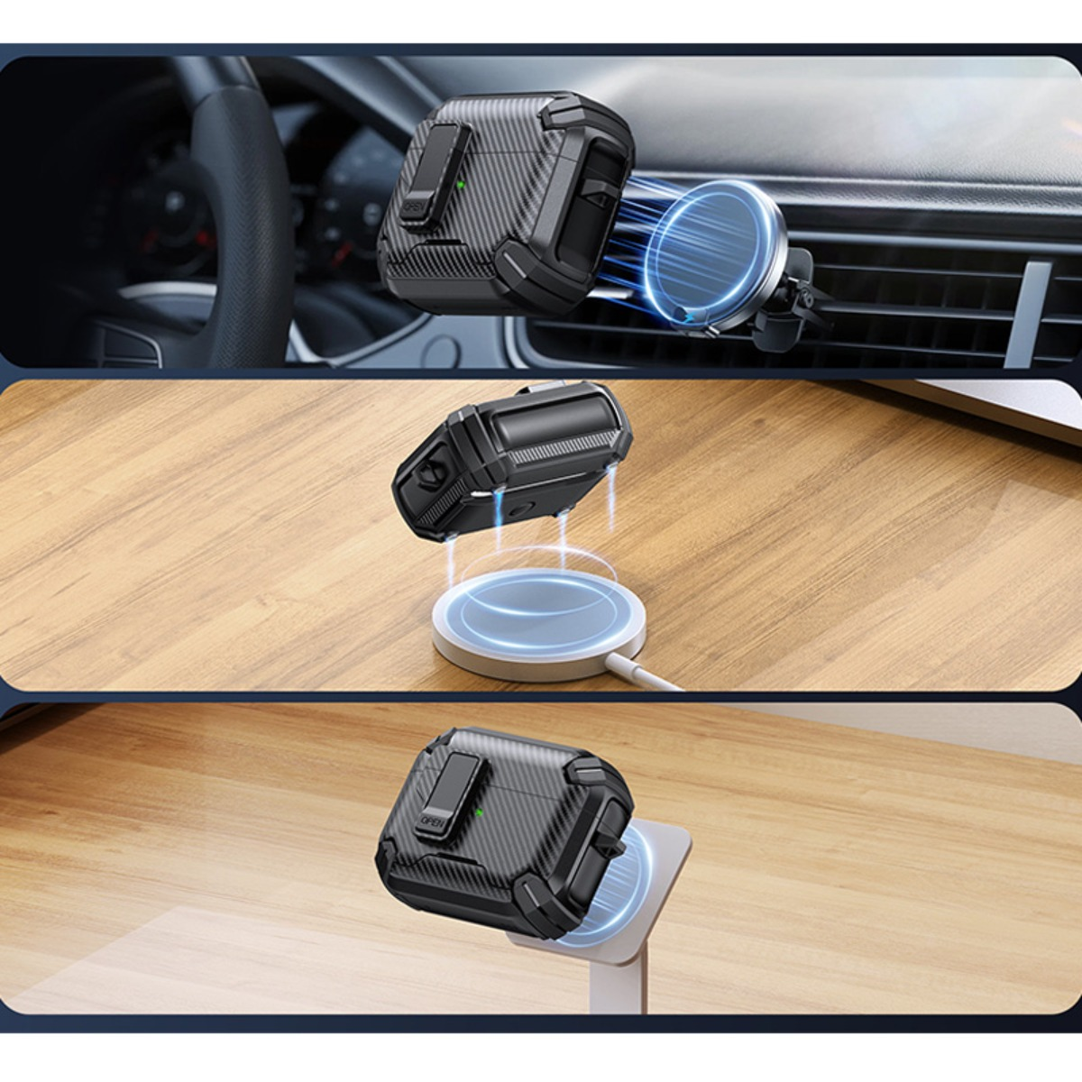 Schwarze Hülle mit Karbonmuster für Kopfhörer, magnetisch an Autolüftung und Ladekissen befestigt.