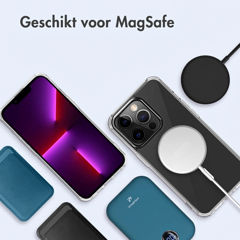 Un iPhone avec chargeur MagSafe, coque et batterie externe sur fond clair.