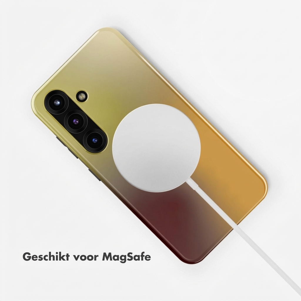 Gouden smartphone met MagSafe lader en kabel op witte achtergrond.