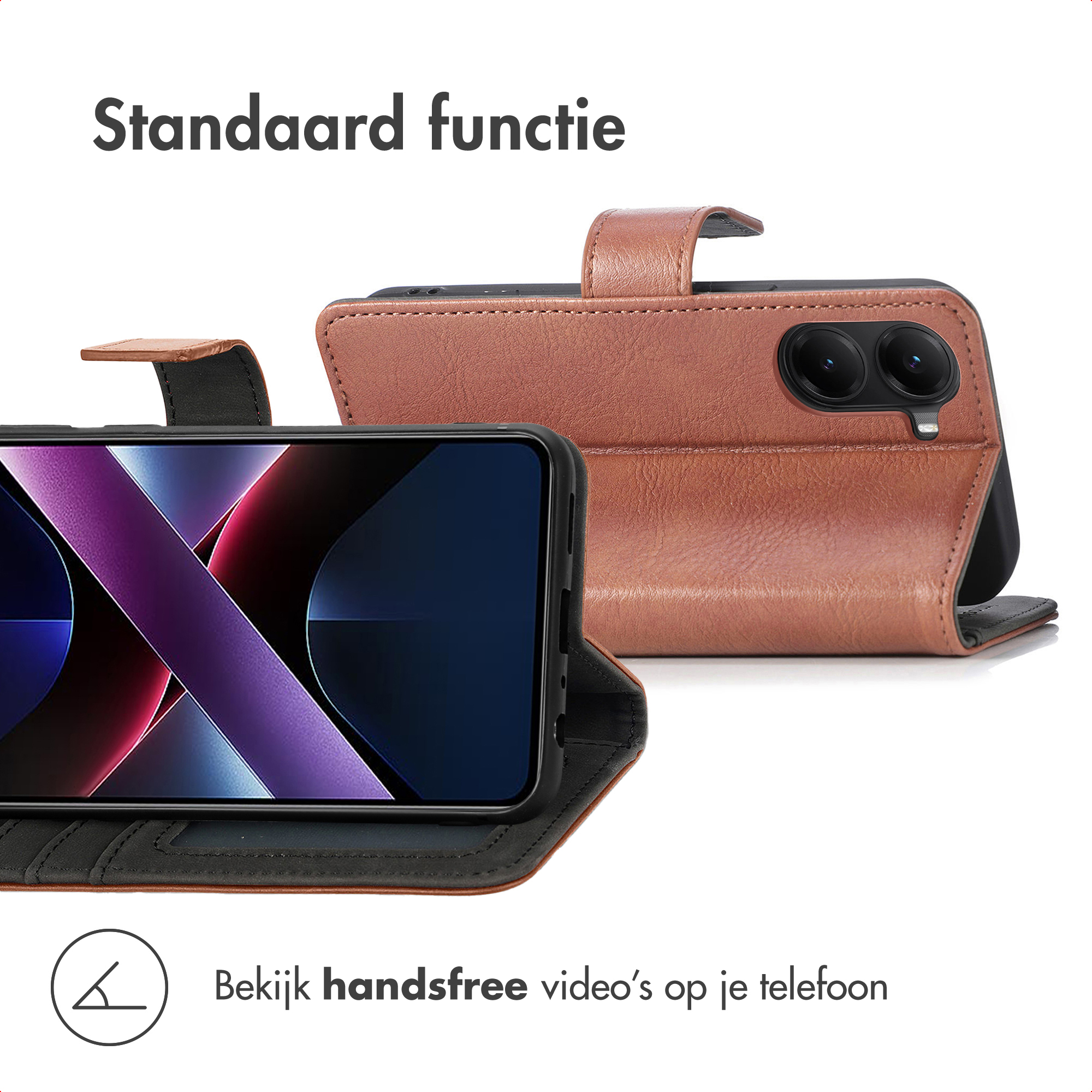 Bruin leren flipcase voor smartphone, met standaardfunctie.
