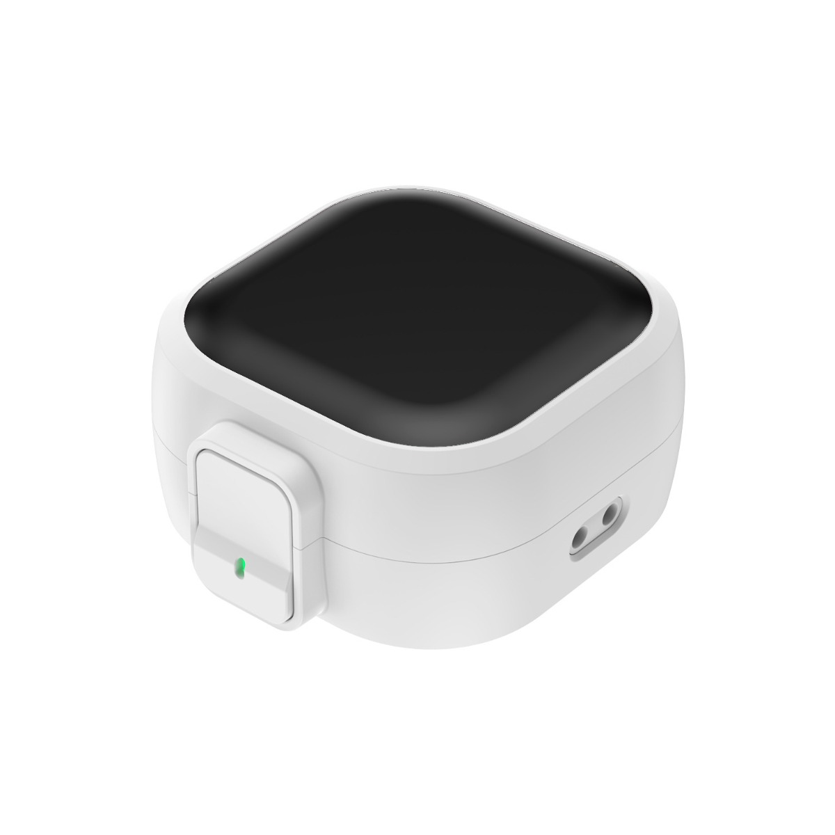 Un dispositivo bianco con parte superiore nera e spia verde.