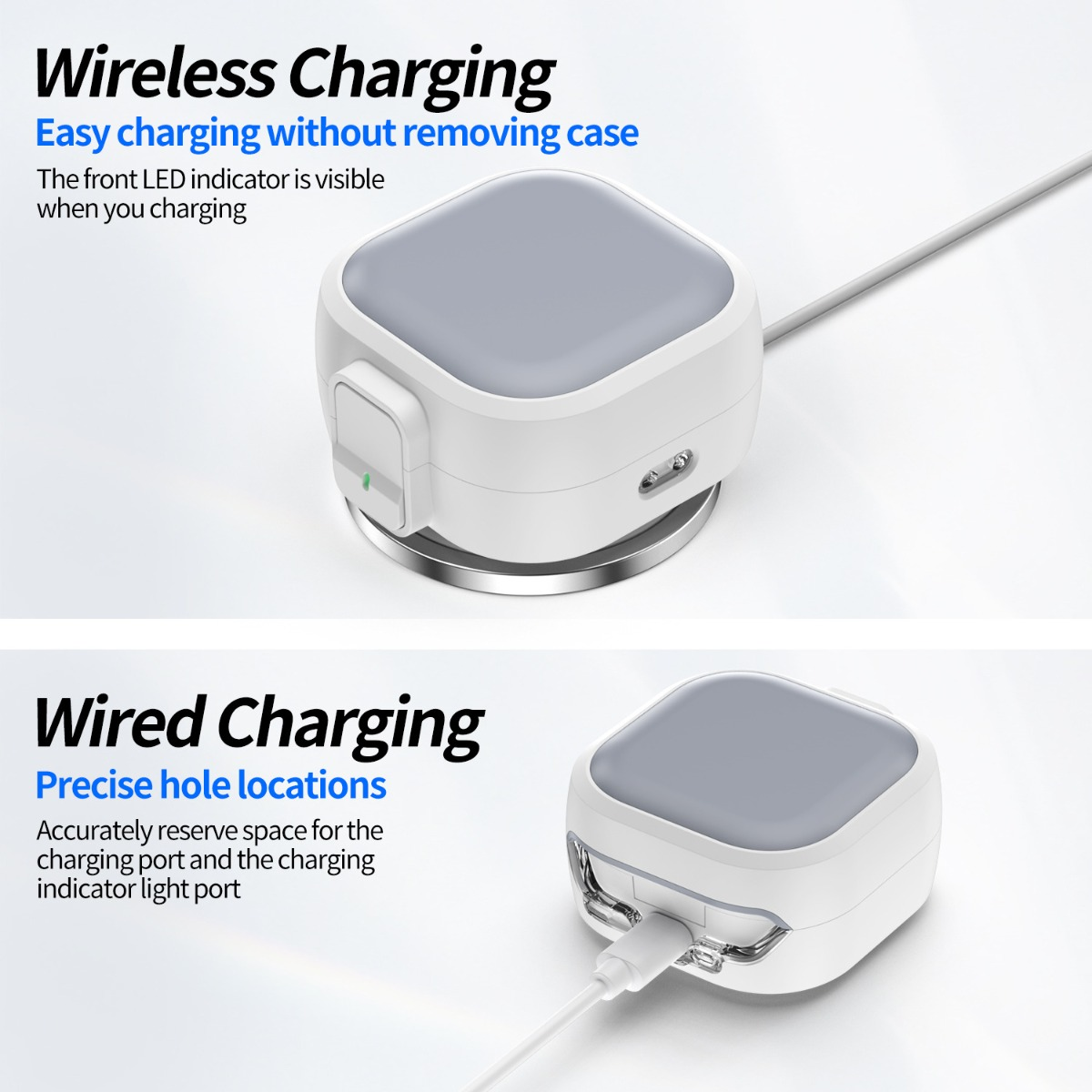 Caricabatterie wireless bianco con parte superiore grigia, uno mostra la ricarica wireless, uno cablato.