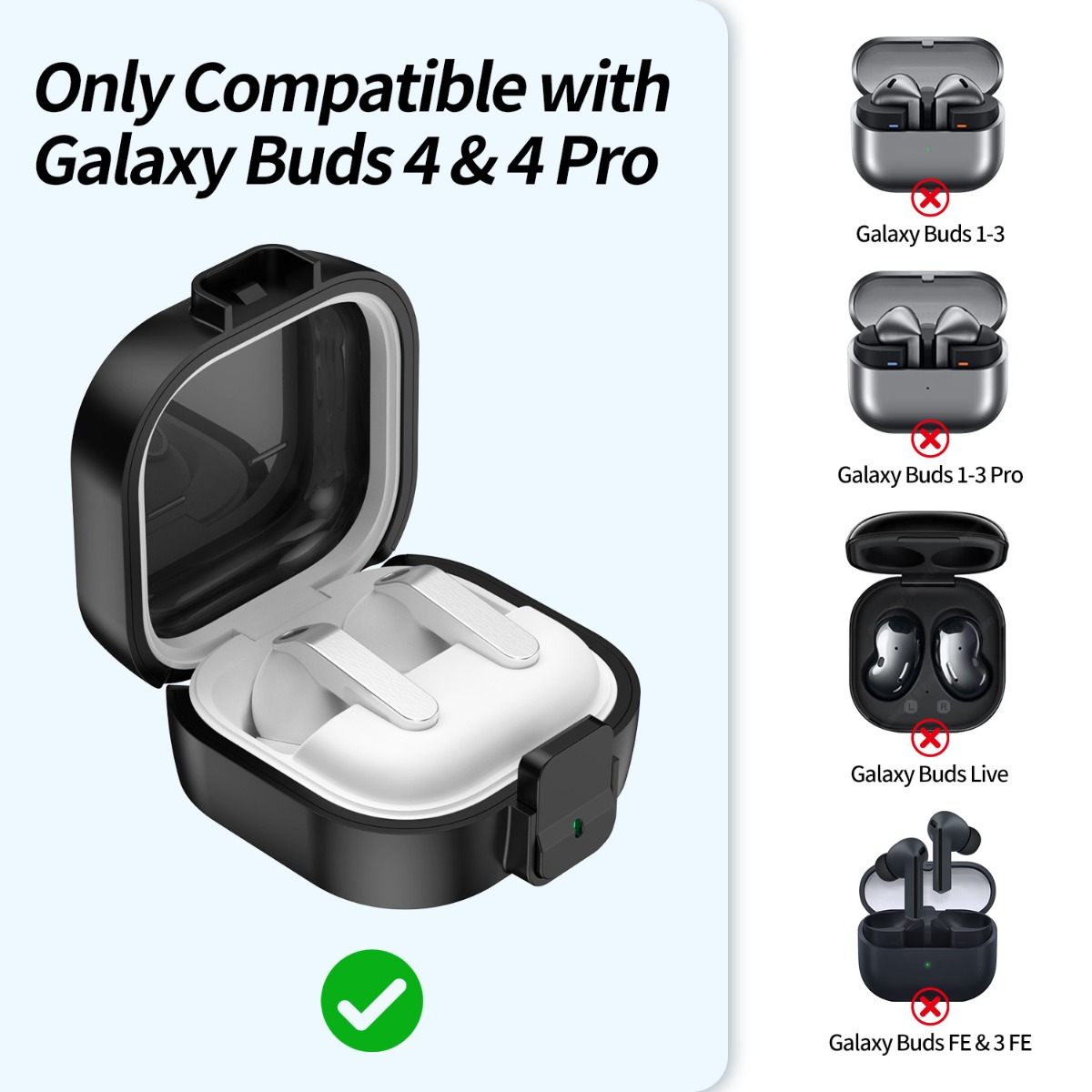Custodia nera aperta che mostra Galaxy Buds 4 e 4 Pro. Compatibile.
