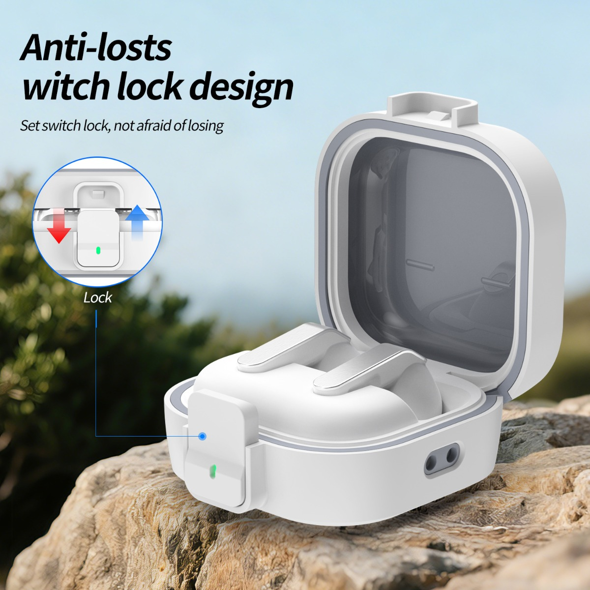 Custodia bianca per auricolari wireless con coperchio aperto, su pietra.