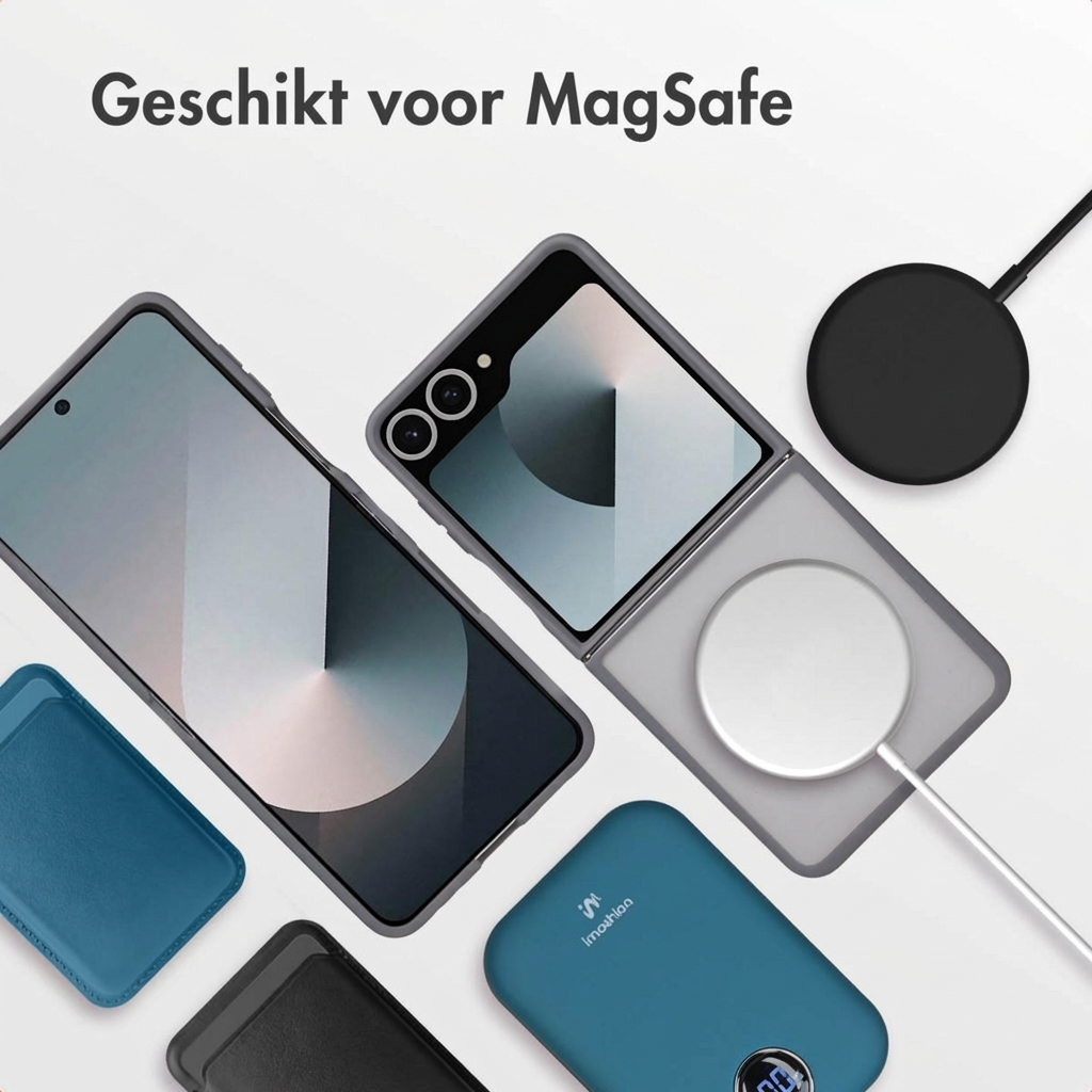Een klaptelefoon met MagSafe lader, powerbank en kaarthouder.