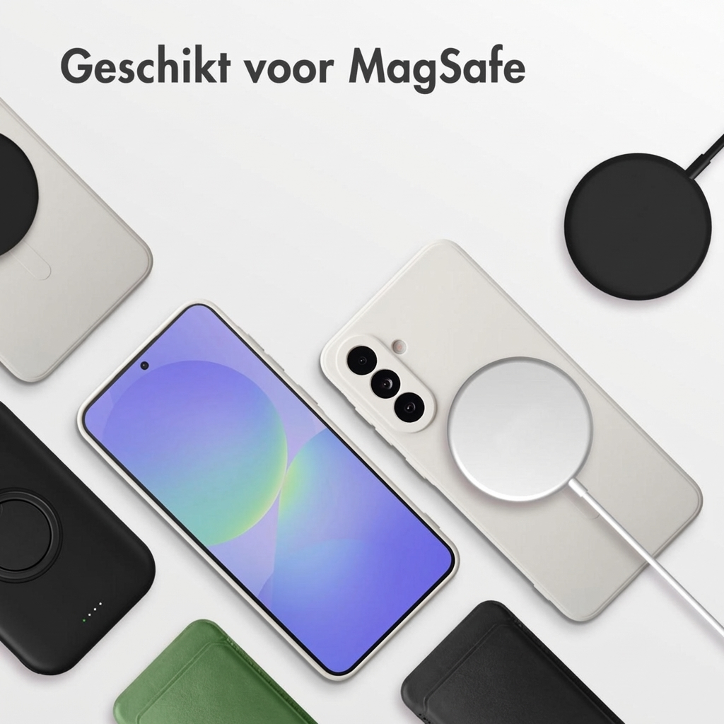 Witte en zwarte telefoonhoesjes met MagSafe-opladers en een telefoon.