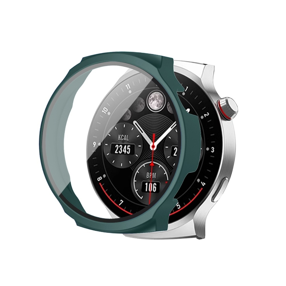 Eine grüne Hülle liegt über einem Smartwatch-Display mit Herzfrequenz- und Kalorienanzeige.