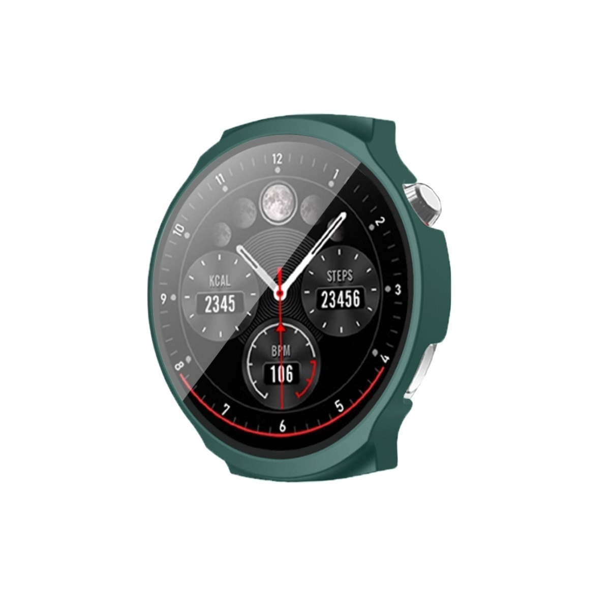 Eine grüne Smartwatch mit schwarzem Zifferblatt zeigt Kalorien, Schritte und Herzfrequenz.