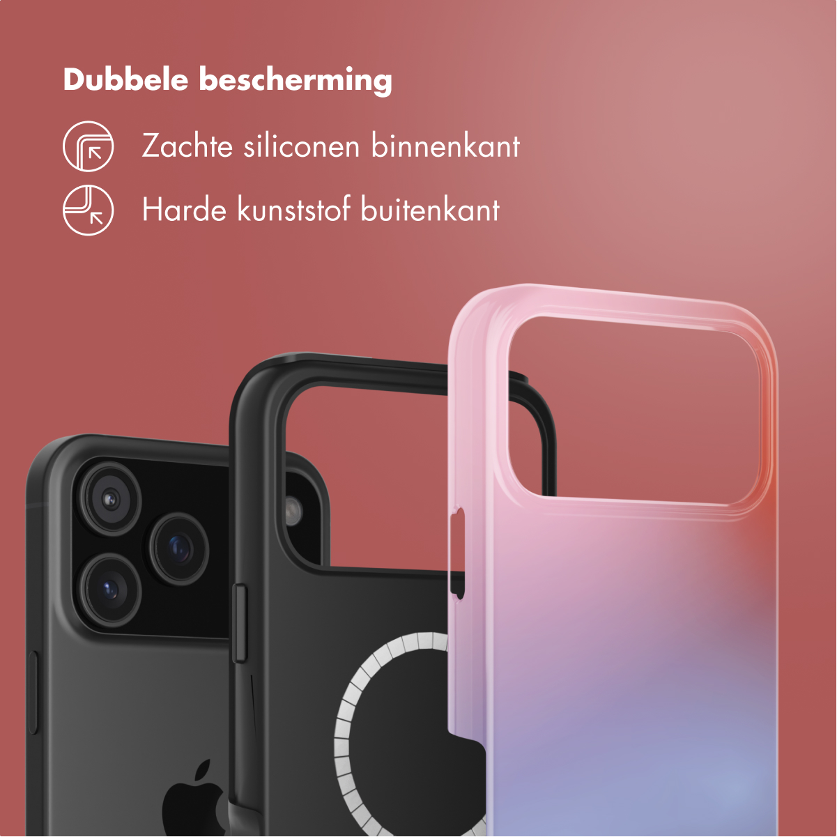 Drie telefoonhoesjes: zwart, zwart met ring, roze/blauw verloop.