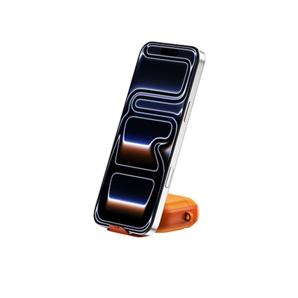 Uno smartphone su un supporto arancione con sfondo stilizzato.