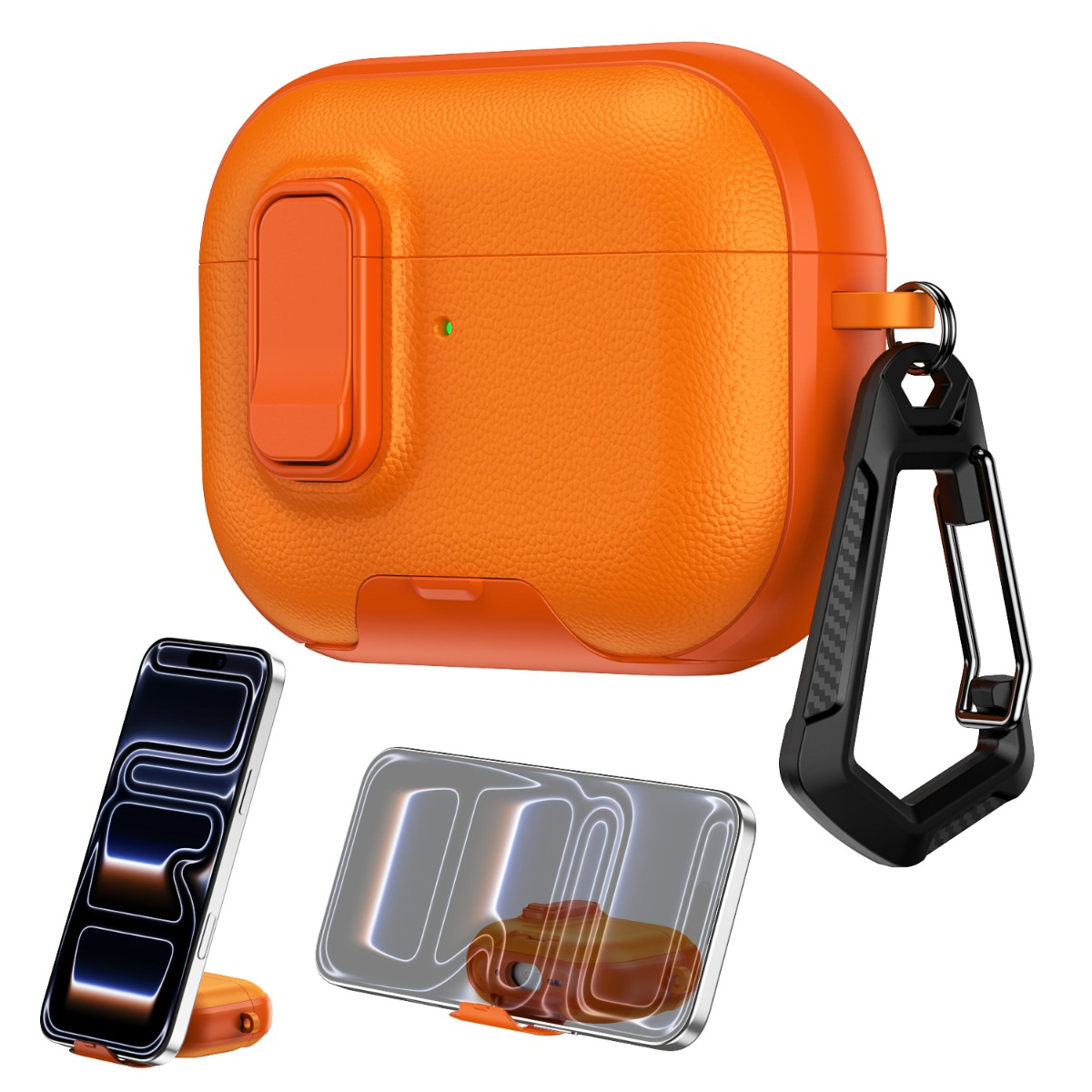 Custodia arancione per cuffie con moschettone, accanto uno smartphone su un supporto.