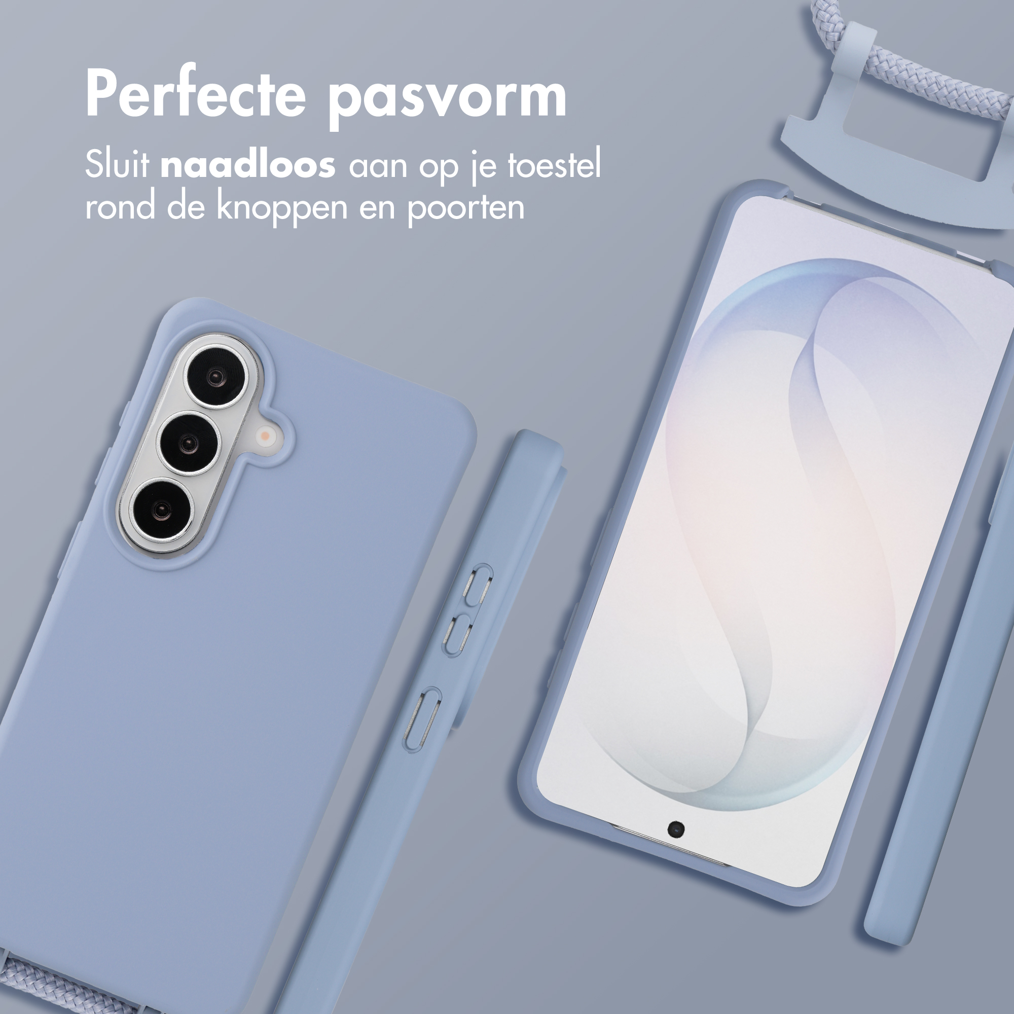 Een lavendelkleurige telefoonhoes en telefoon liggen op een grijze achtergrond.
