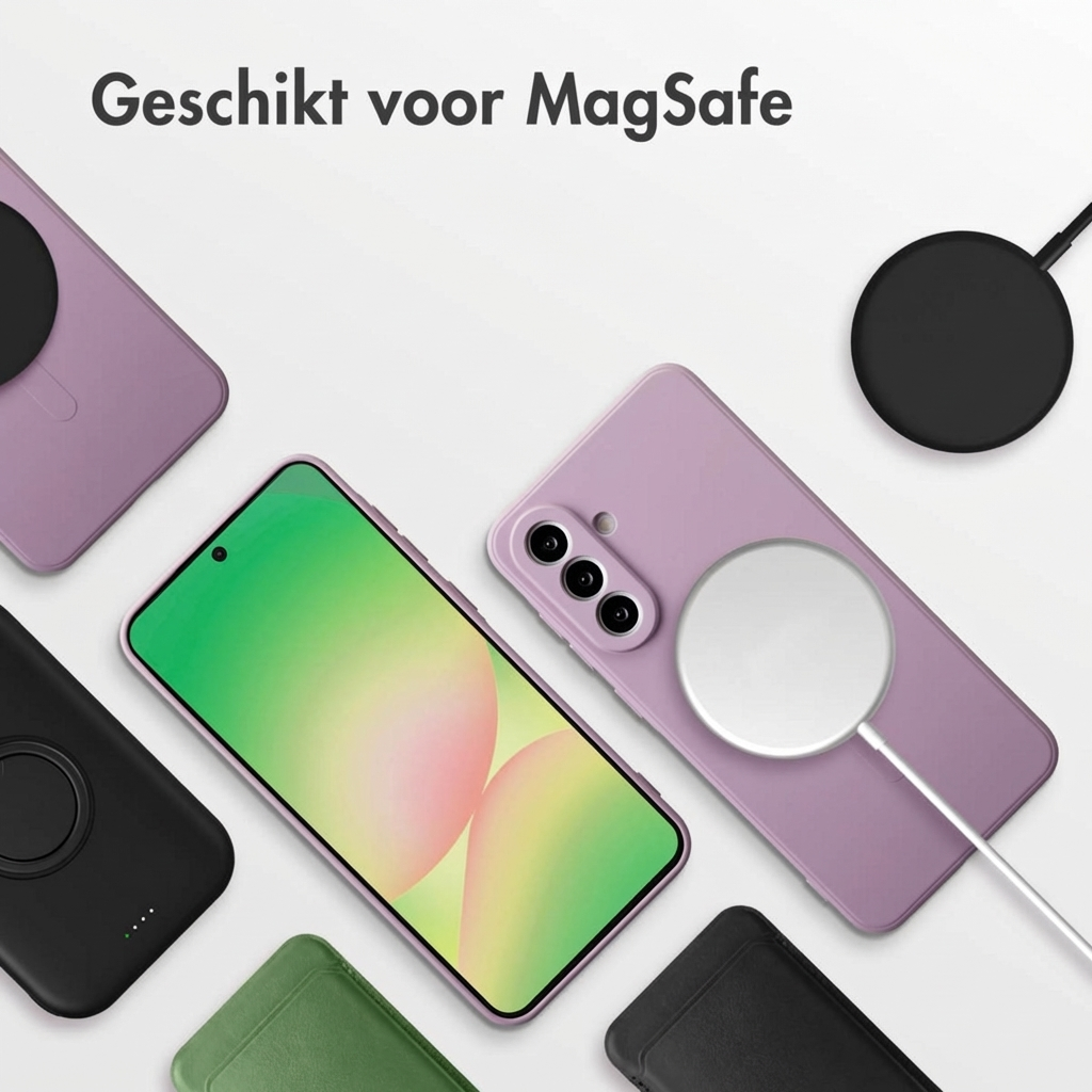 Paars telefoon met MagSafe lader, omringd door zwarte en groene hoesjes.