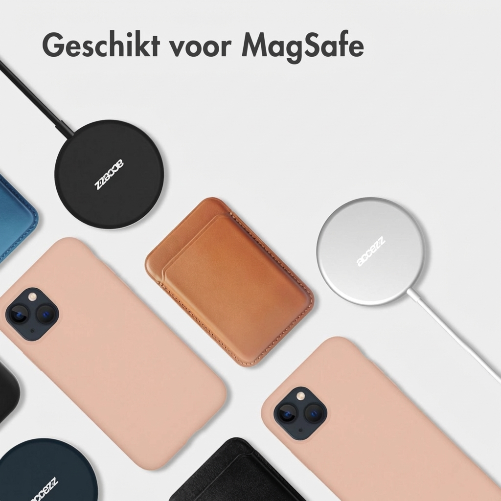 Twee MagSafe-laders, roze en bruine telefoonhoesjes, en een blauwe hoes.